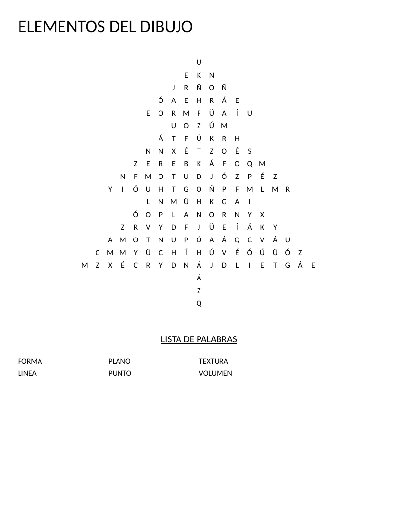 Tree-shaped Spanish art vocabulary word search with drawing elements like punto, línea, and forma.