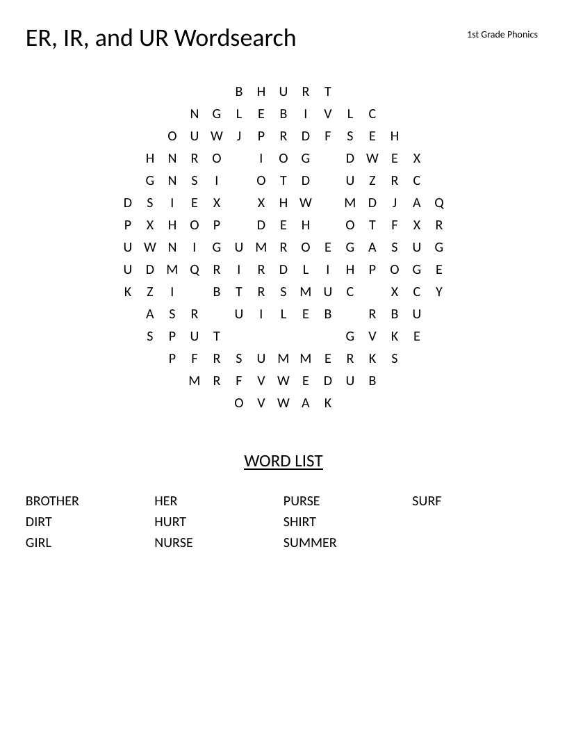 Smiley-shaped phonics word search with ER, IR, and UR words for first grade.