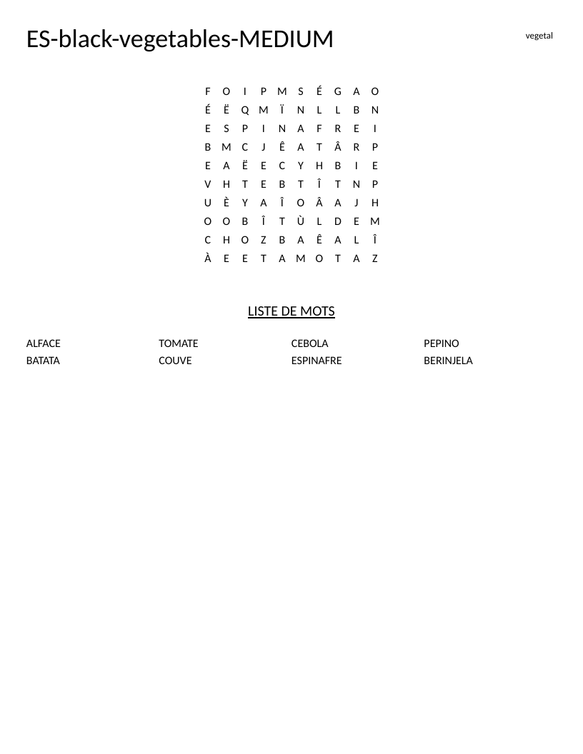 Portuguese vegetables word search with words like tomate, cebola, and berinjela.