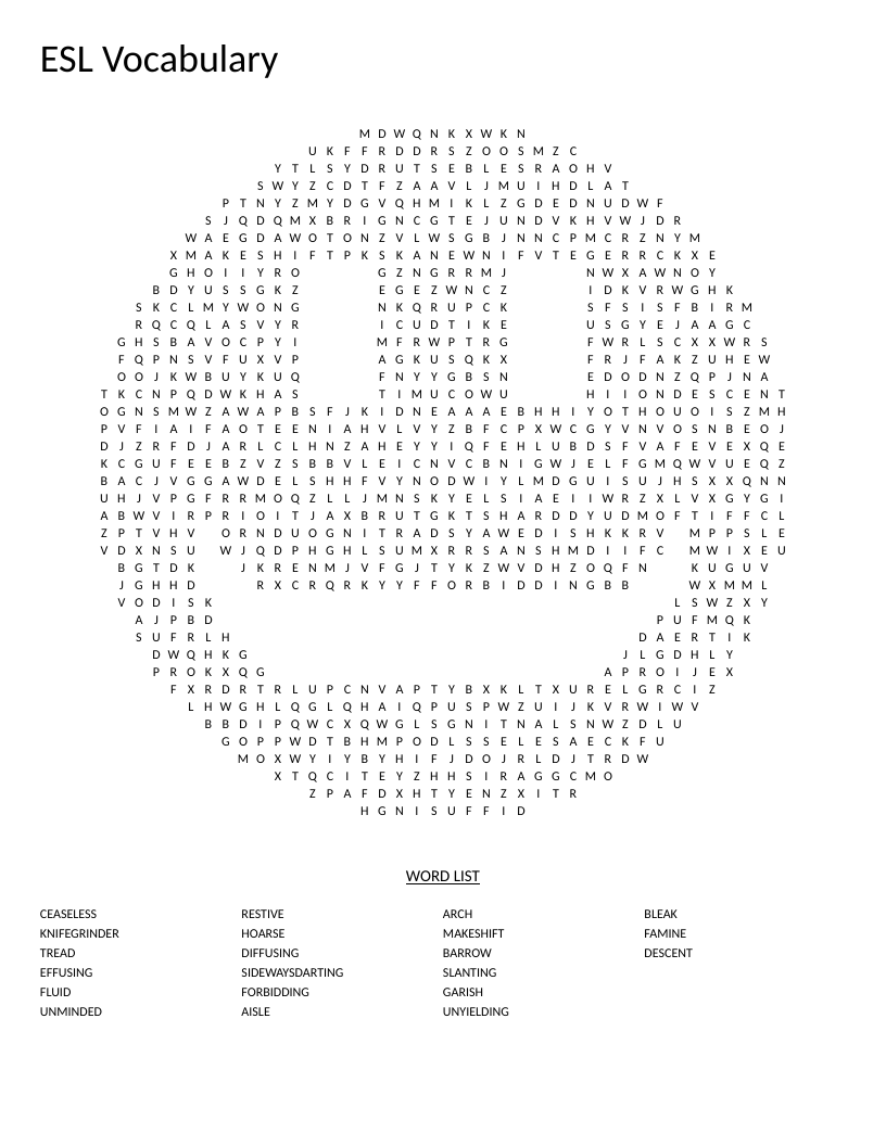 Smiley-shaped ESL vocabulary word search with words like ceaseless, forbidding, and famine.