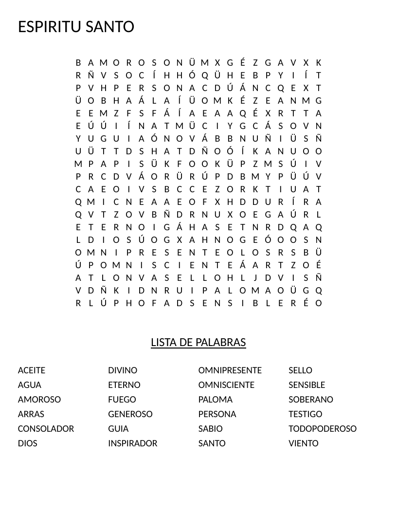 Spanish Espíritu Santo word search with religious vocabulary including divino and consolador.