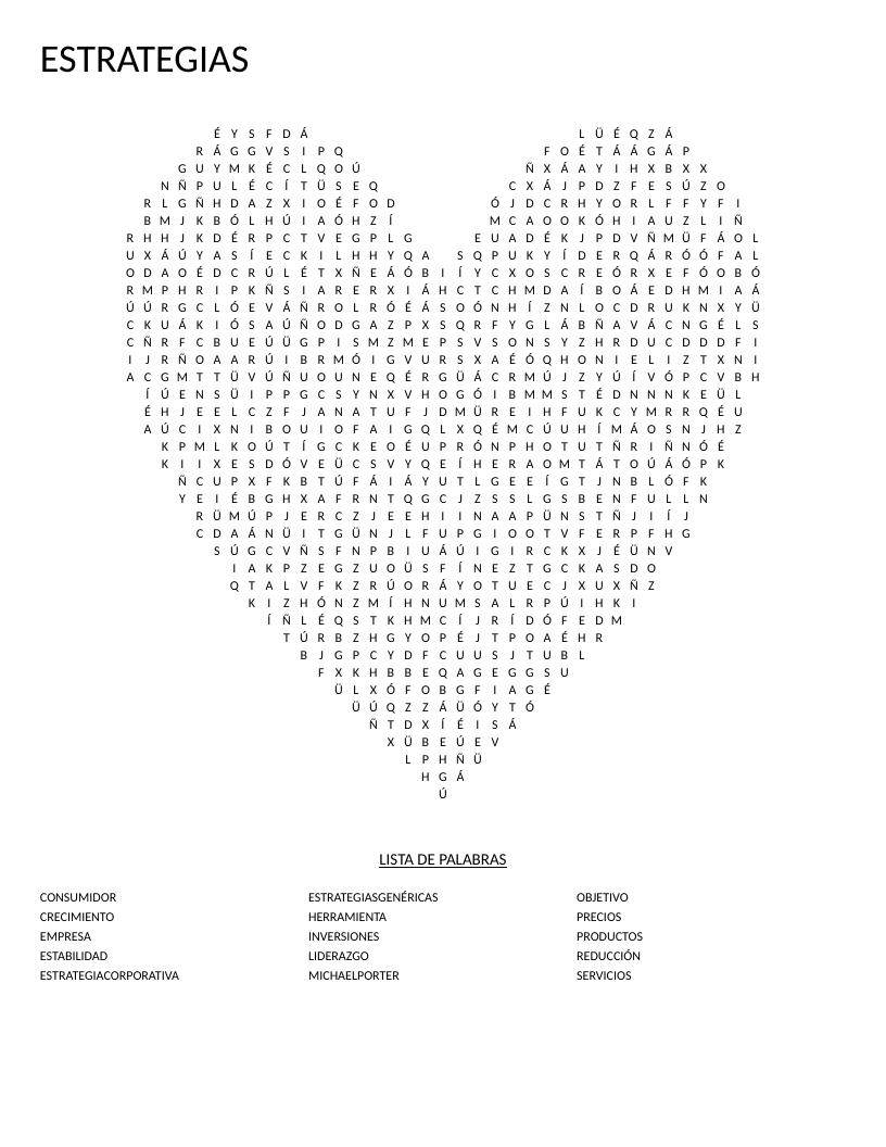 Heart-shaped Spanish business strategy word search with words like liderazgo and crecimiento.