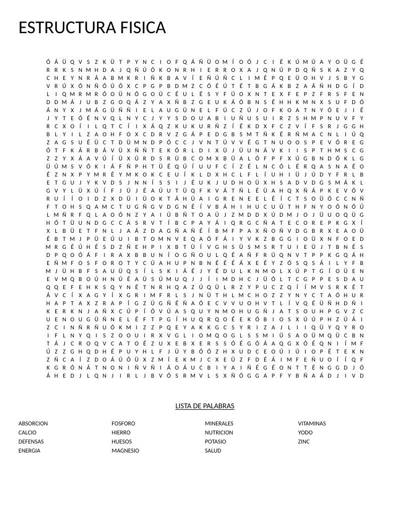 Spanish nutrition word search with words like vitaminas, calcio, and minerales on a 40×40 grid.