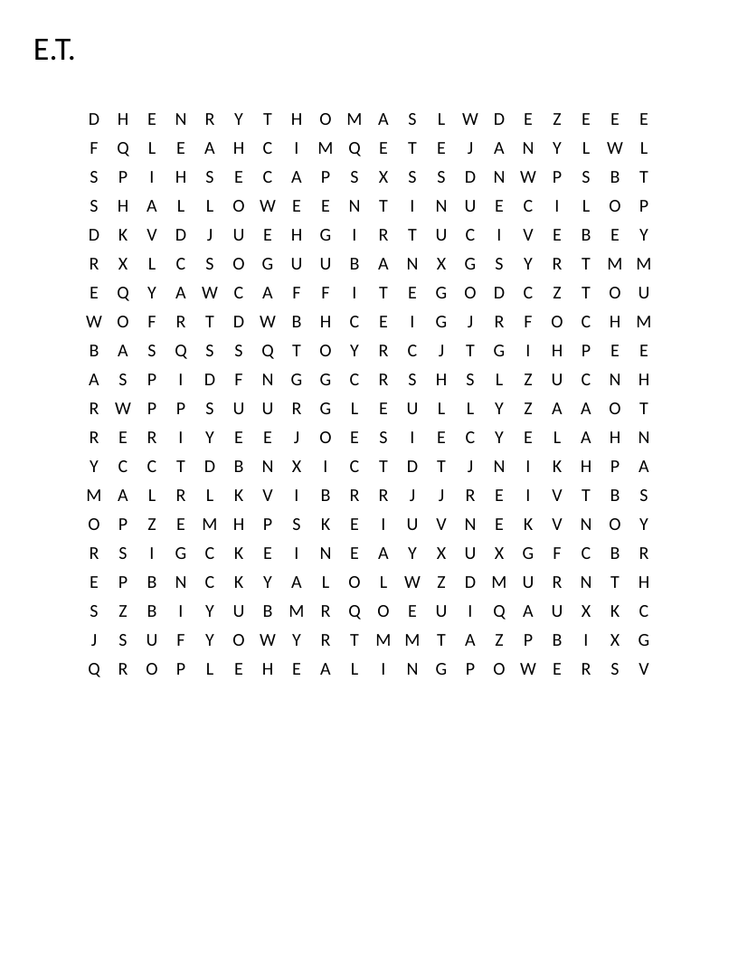 E.T. word search with words like bicycle, Elliot, and phone home from the classic film.