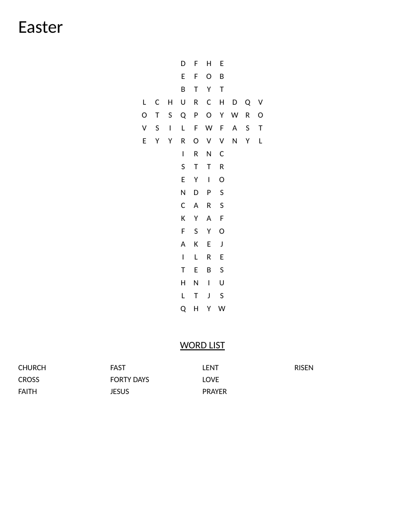 Easter word search with cross shape and words like Jesus, Lent, and risen.