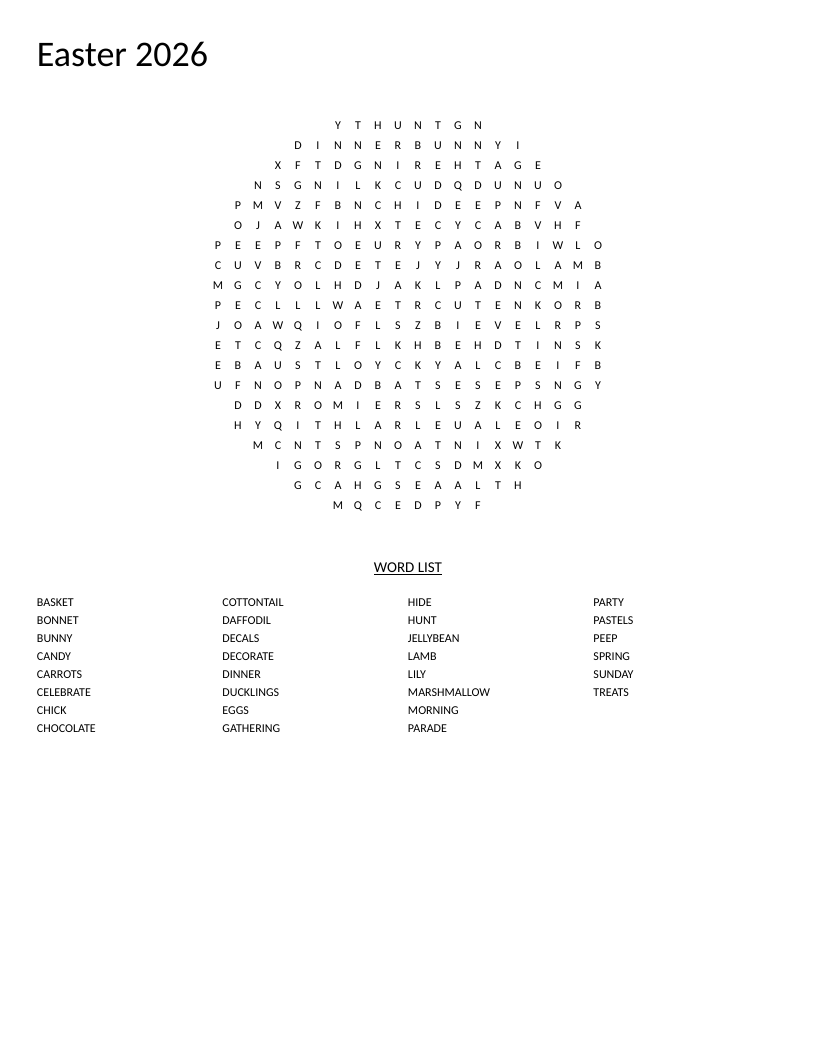 Circle-shaped Easter word search with words like bunny, eggs, and jellybean.