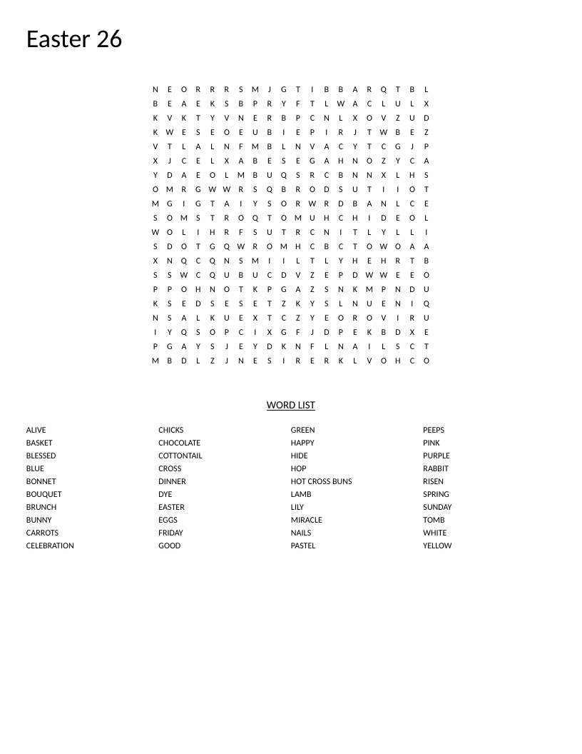 Easter word search with spring and holiday words like bunny, eggs, basket, and pastel colors.