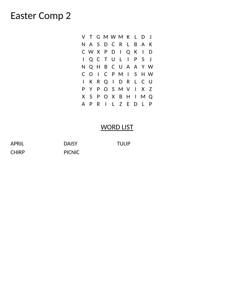 Easter spring word search with words like daisy, tulip, and picnic for young learners.
