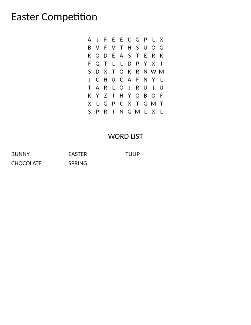 Easter word search for young learners with words like bunny, tulip, and chocolate.
