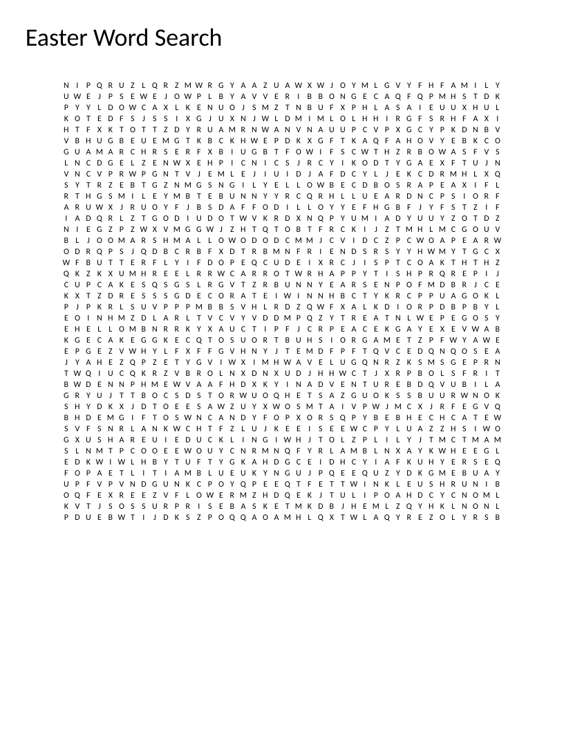 Easter word search with spring words including bunny, egg hunt, jellybean, and tulip.