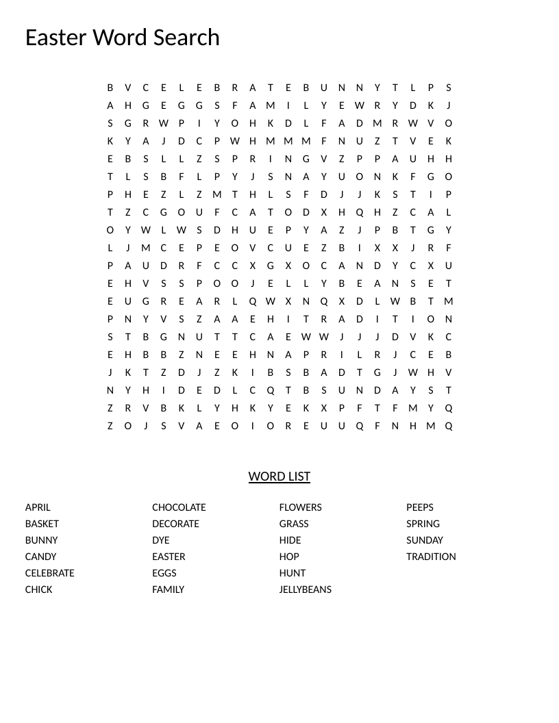 Easter word search with words like bunny, eggs, basket, and chocolate.