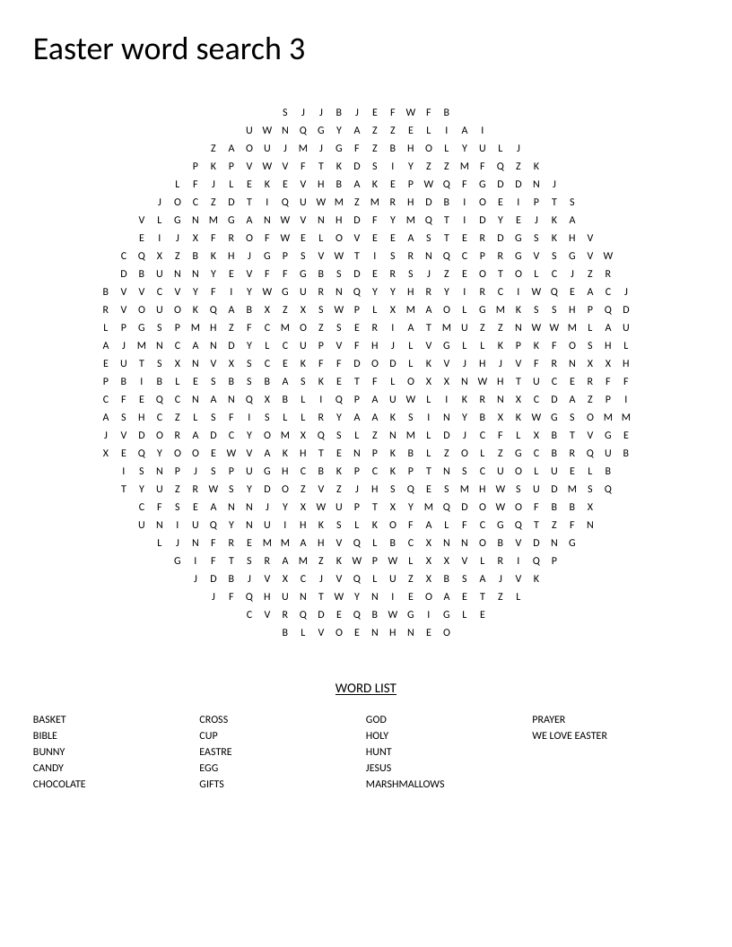 Circle-shaped Easter word search with words like bunny, egg, chocolate, and basket.