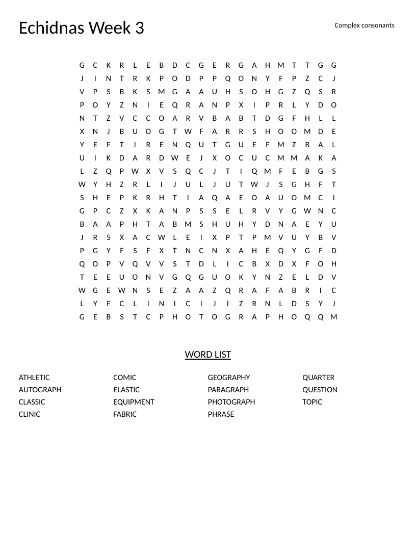 Complex consonants word search with words like photograph, athletic, and elastic.