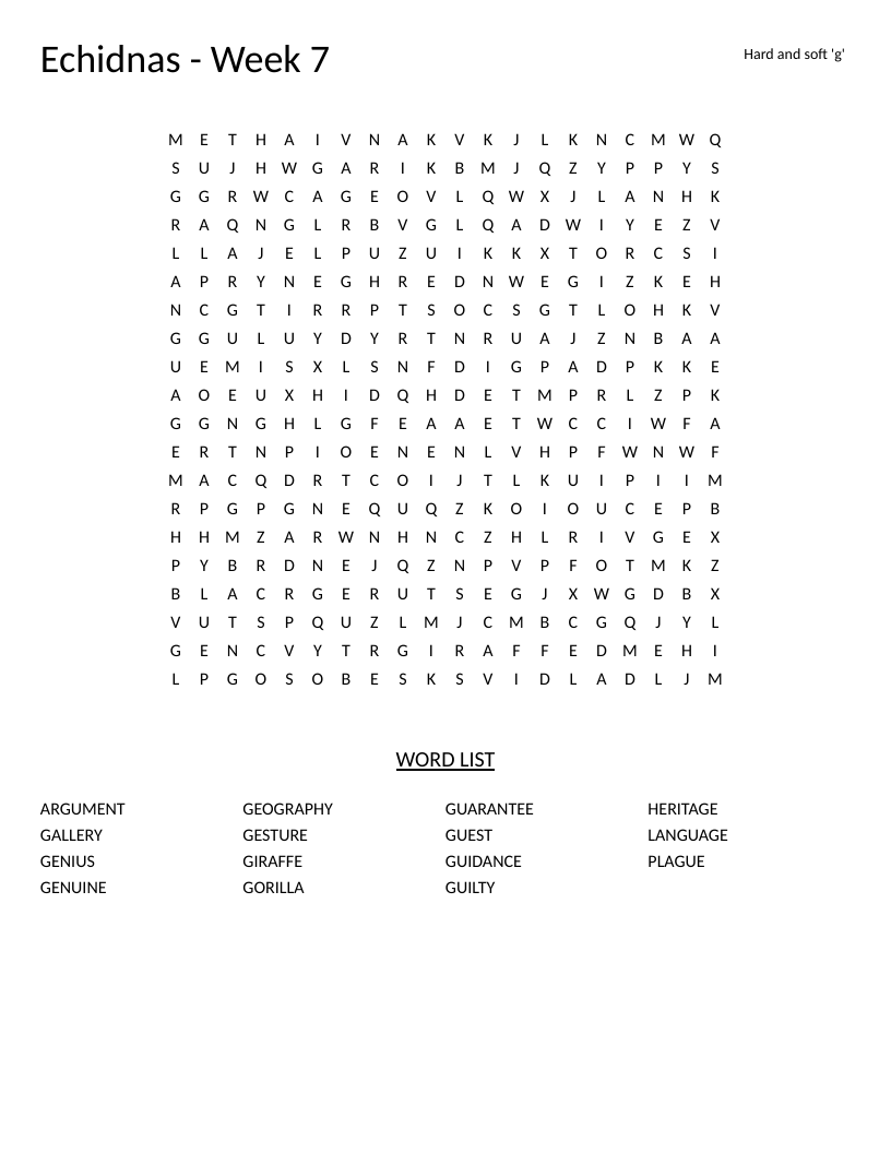 Hard and soft G word search with words like giraffe, gorilla, and guidance.