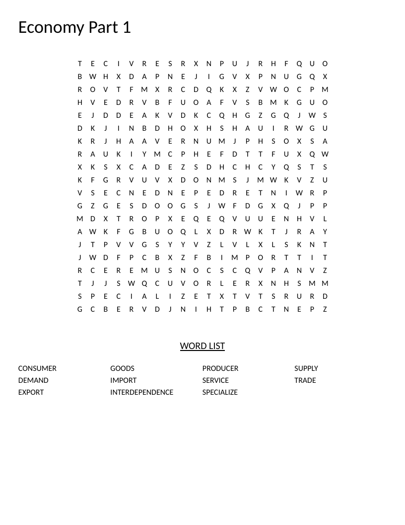 Economics word search with vocabulary words including supply, demand, and trade.