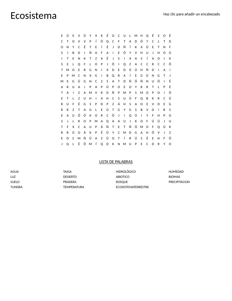 Spanish ecosystem word search with terms like tundra, desierto, bosque, and biomas.