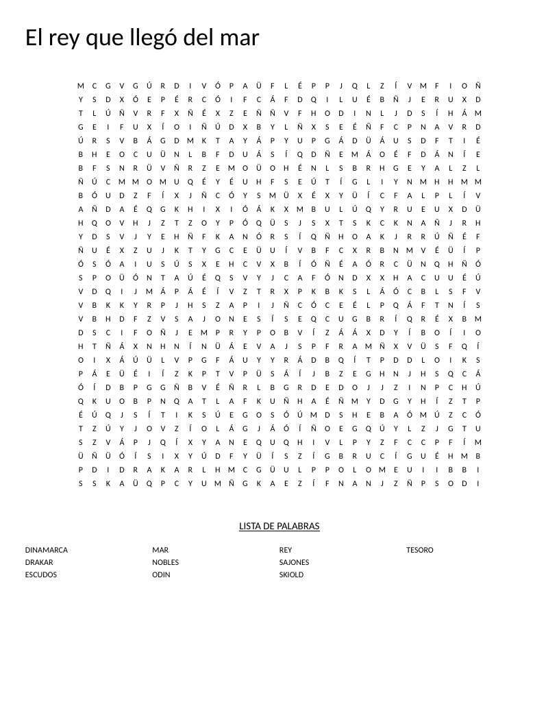 Spanish word search on Viking legend with words like Skiold, drakar, Odin, and Dinamarca.