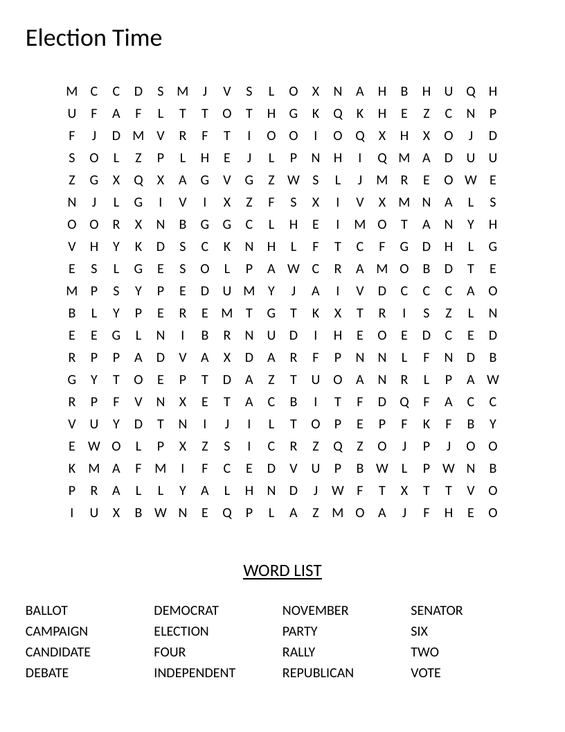 Election word search with civics vocabulary including ballot, campaign, and vote.