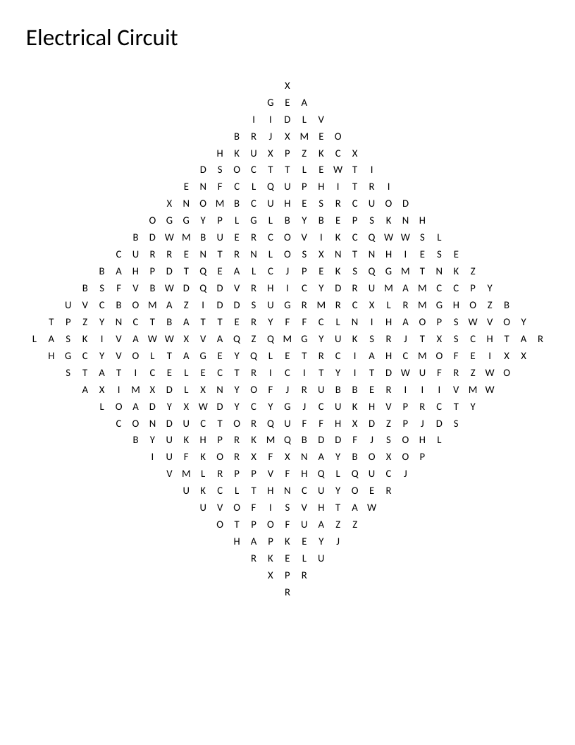 Diamond-shaped electrical circuit word search featuring conductor, voltage, and battery words.
