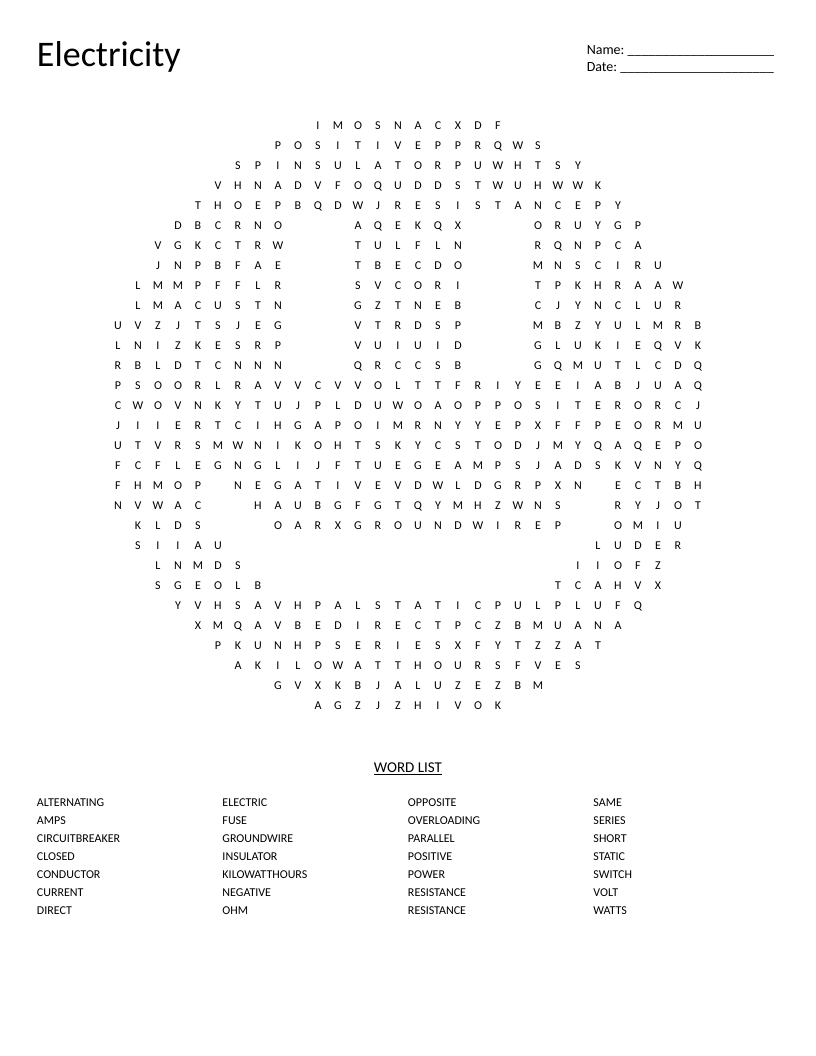 Electricity word search with physics vocabulary including conductor, resistance, and circuits.
