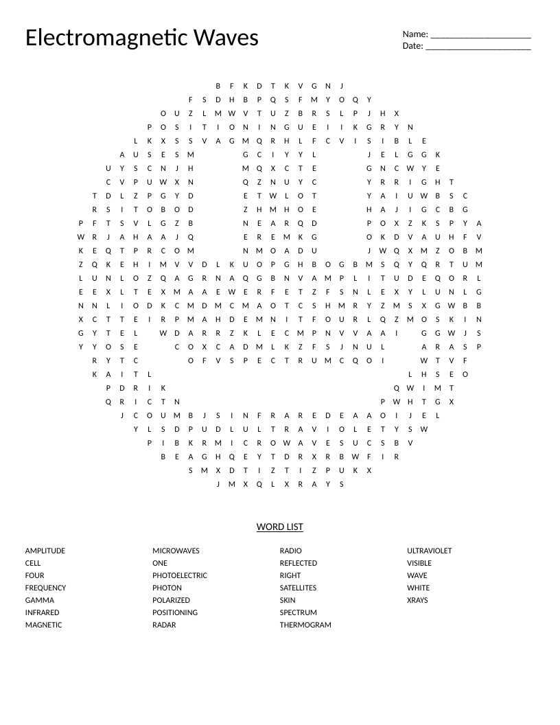 Smiley-shaped electromagnetic waves word search with physics terms like gamma, infrared, and ultraviolet.