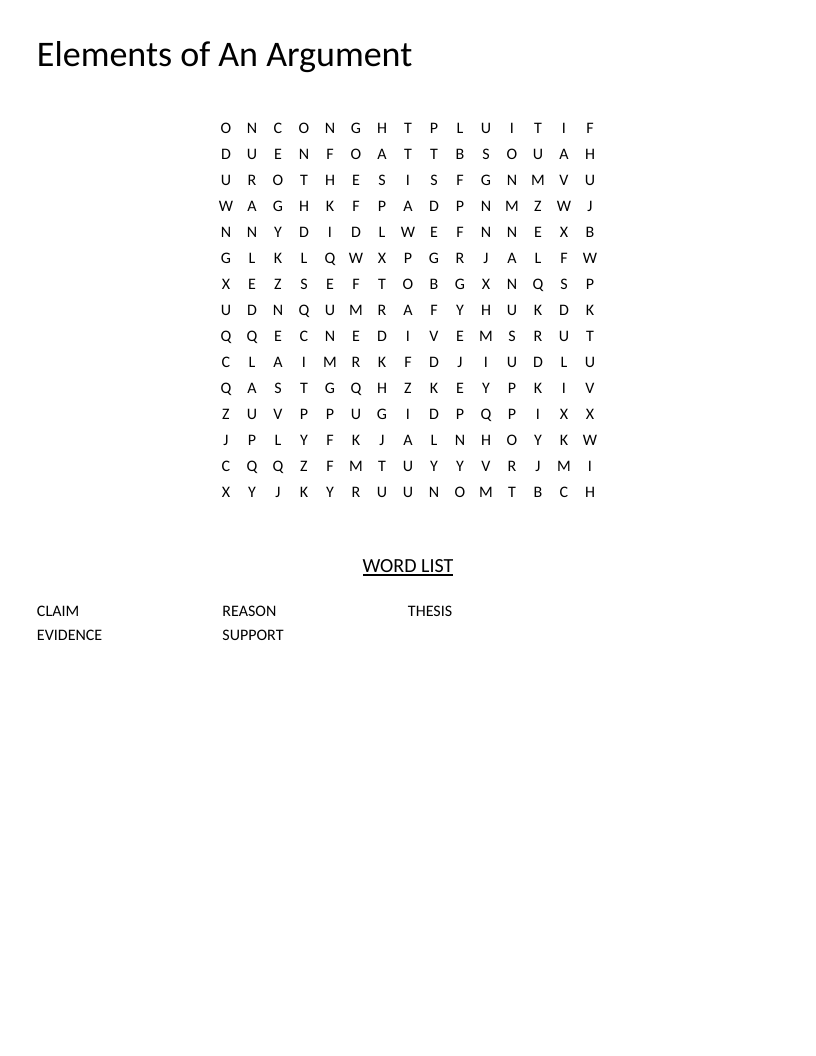 Elements of an Argument word search with words claim, thesis, evidence, reason, and support.