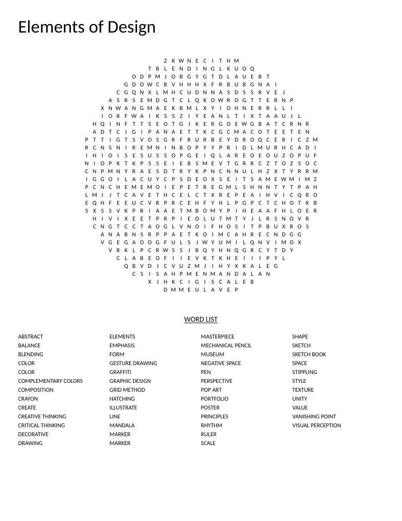 Circle-shaped Elements of Design word search with art vocabulary including balance, stippling, and negative space.
