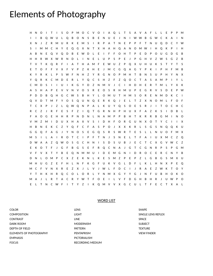 Photography word search featuring technical terms like single-lens reflex, composition, and depth of field.