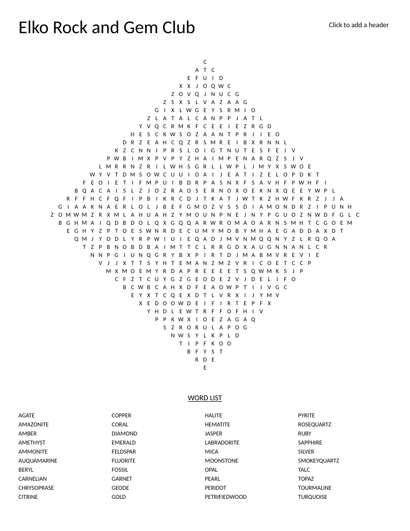 Diamond-shaped rock and gem word search featuring minerals like amethyst, tourmaline, and geode.