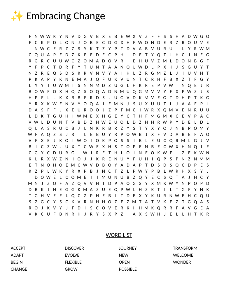 Social-emotional word search on change and growth with words like transform, adapt, and evolve.