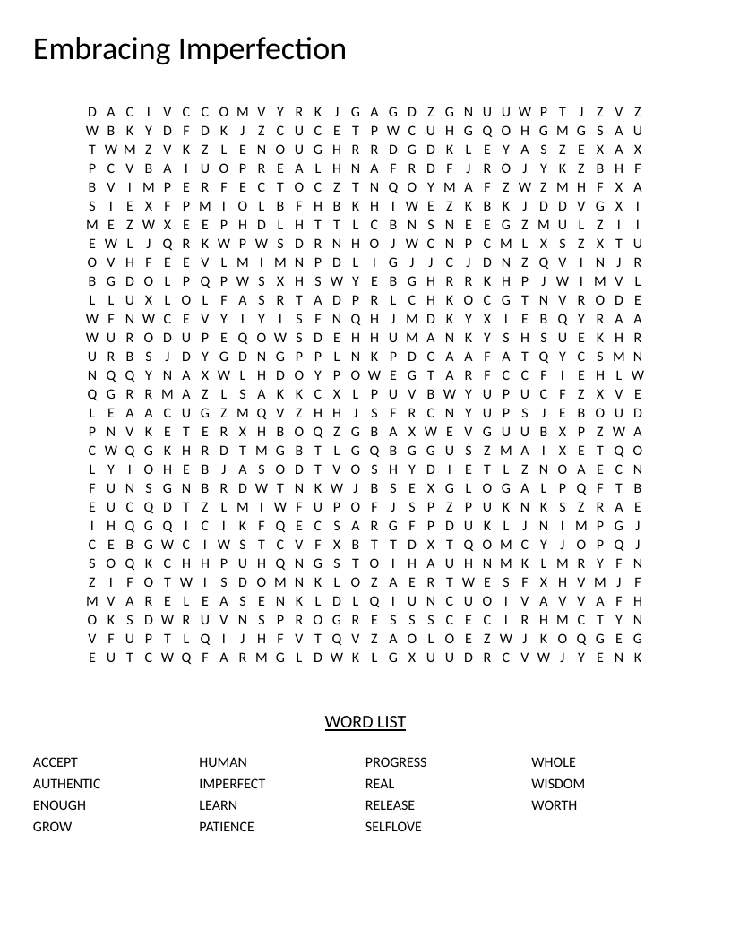 Self-acceptance word search with words like authentic, imperfect, self-love, and wisdom.