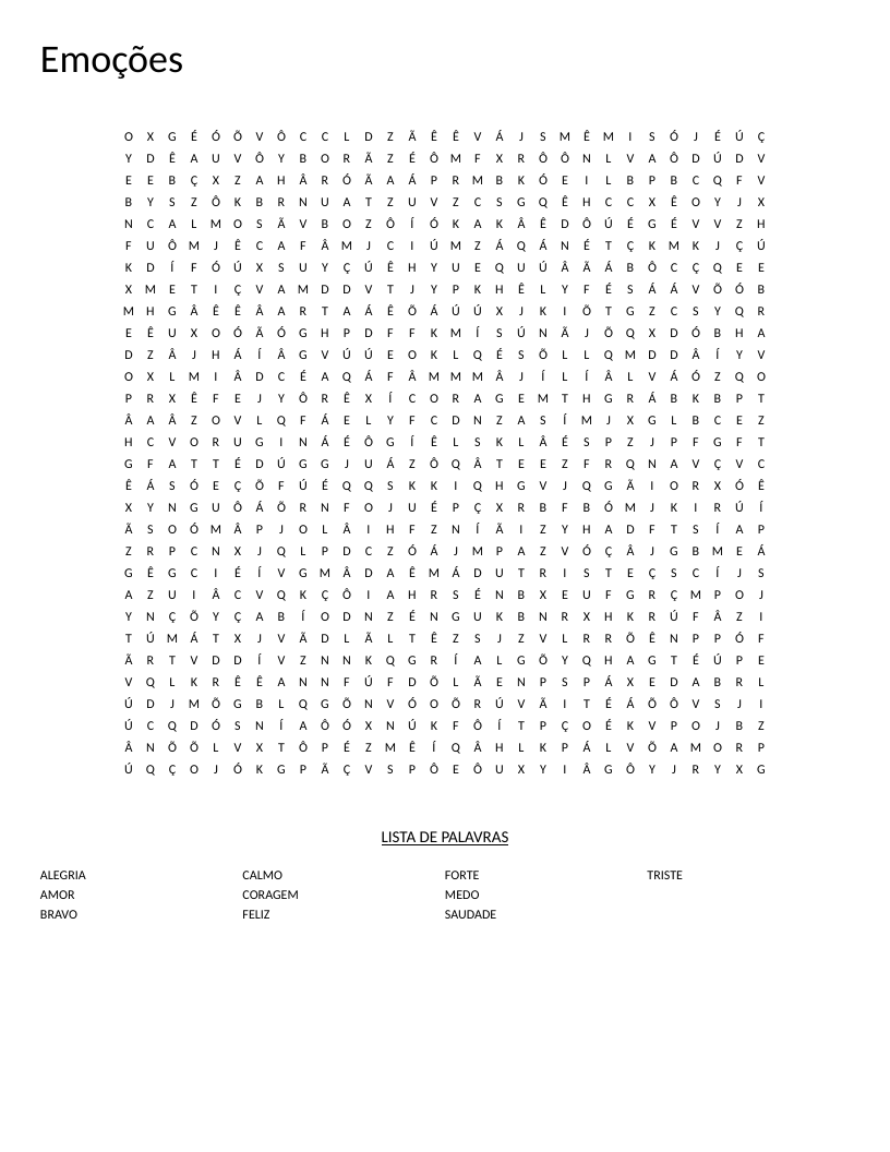 Portuguese emotions word search with words like feliz, triste, and saudade.