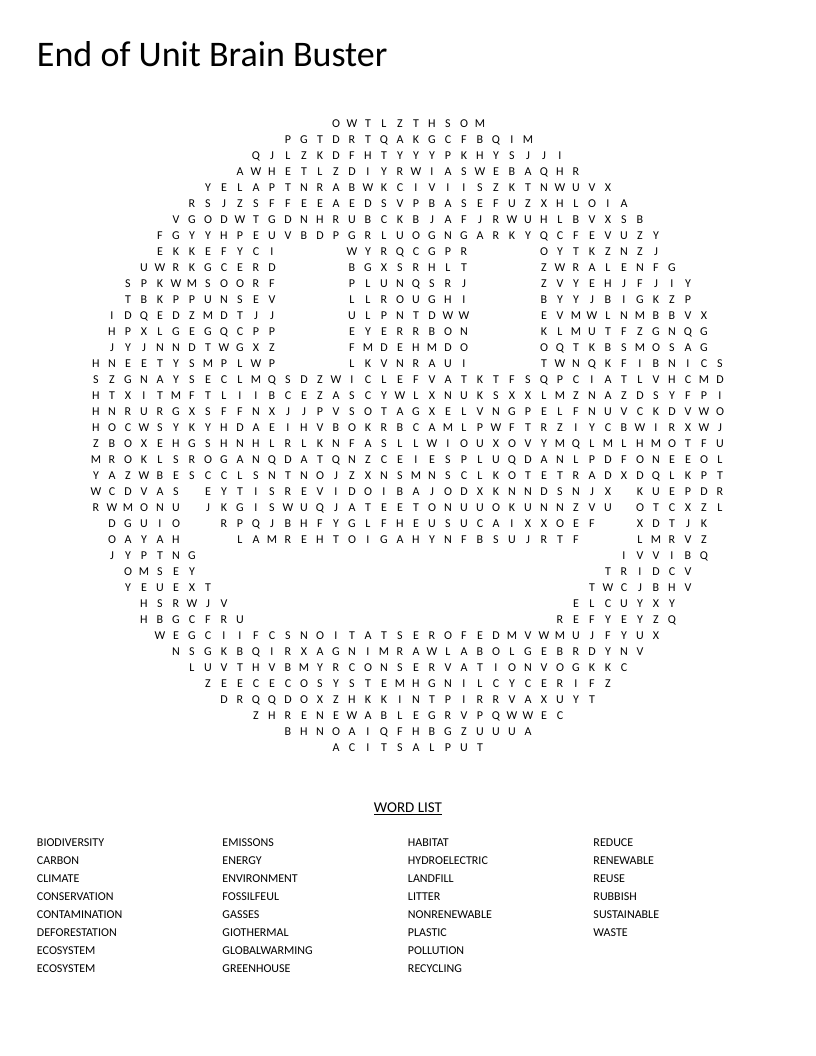 Smiley-shaped environmental science word search with words like climate change, recycling, and pollution.