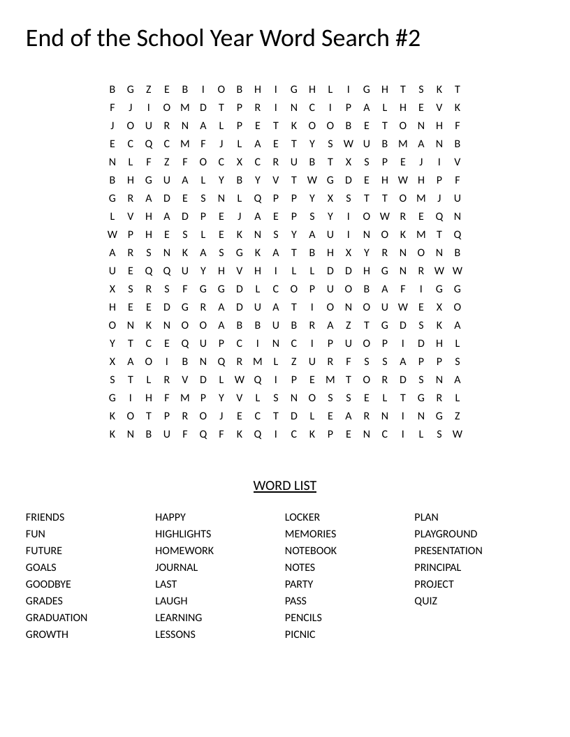 End-of-year word search with words like memories, friends, graduation, and playground.