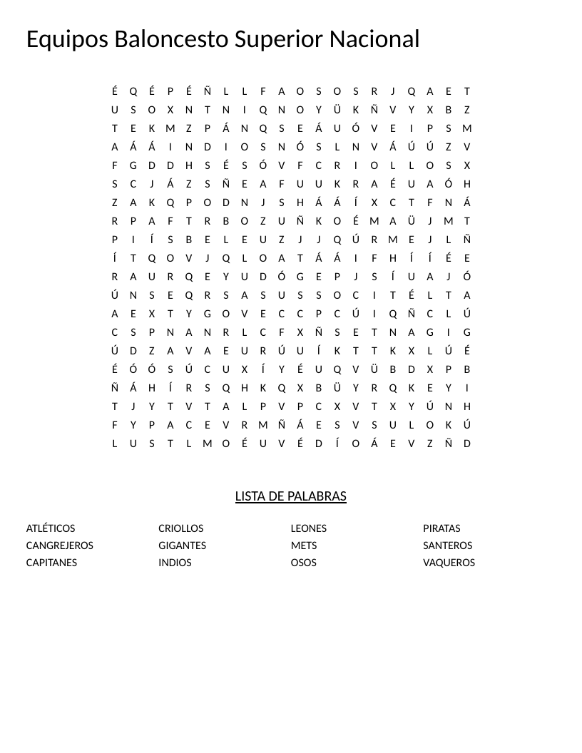 Spanish word search of Puerto Rico Superior Nacional baseball team names.