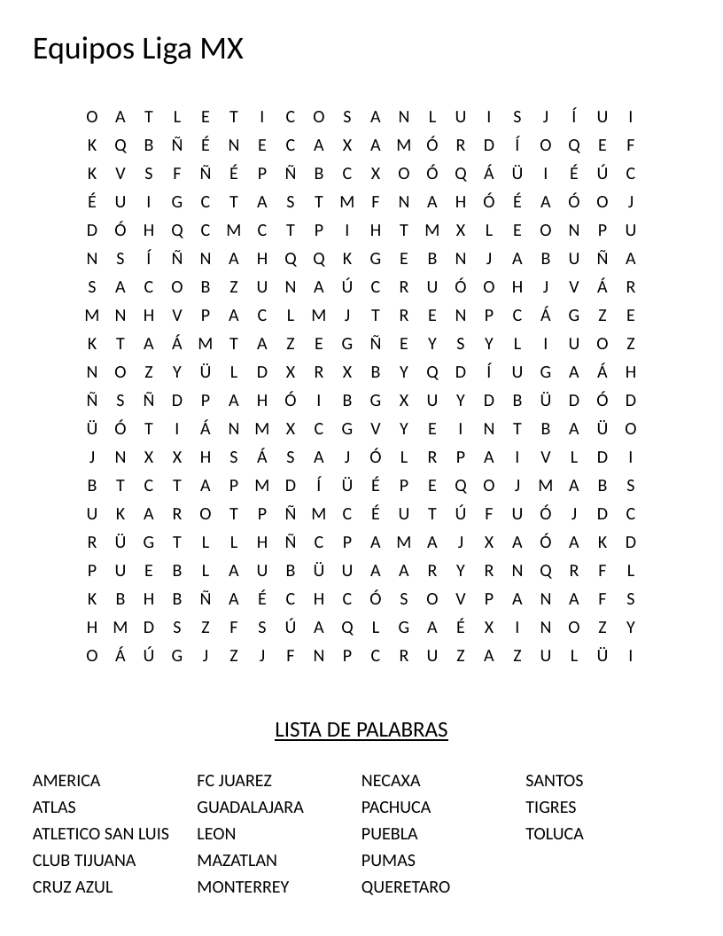 Liga MX word search with Mexican soccer team names like Guadalajara, Tigres, and Monterrey.