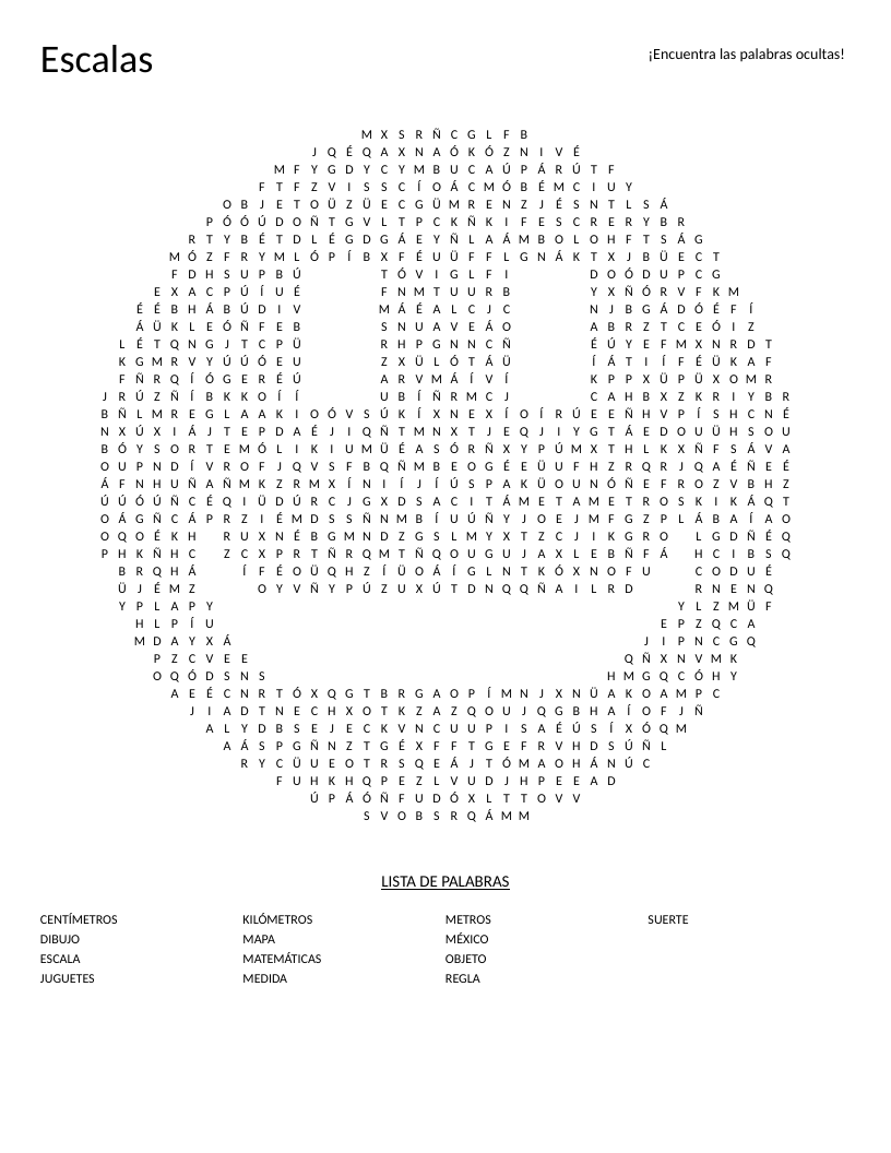 Smiley-shaped Spanish word search on scales and measurement with words like mapa and centímetros.