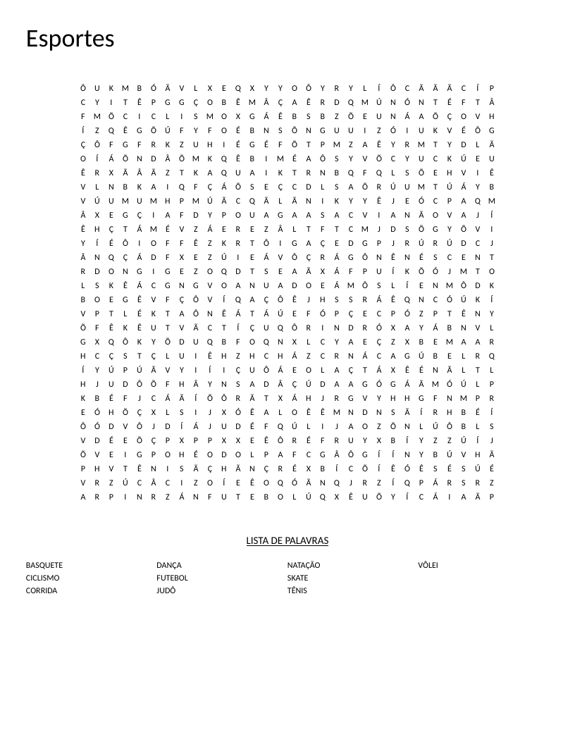 Portuguese sports word search with words like futebol, vôlei, natação, and basquete.