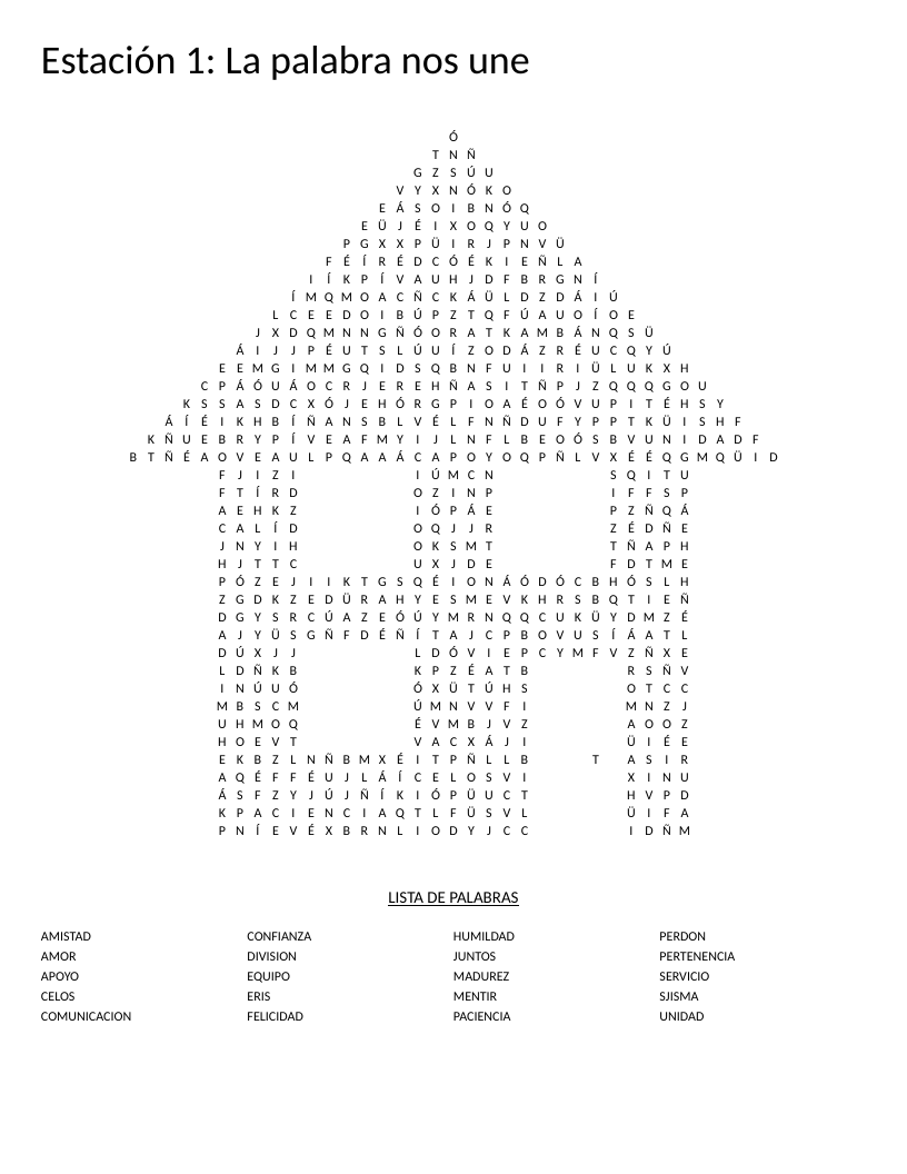 House-shaped Spanish word search on unity, friendship, and community values like amistad and perdón.