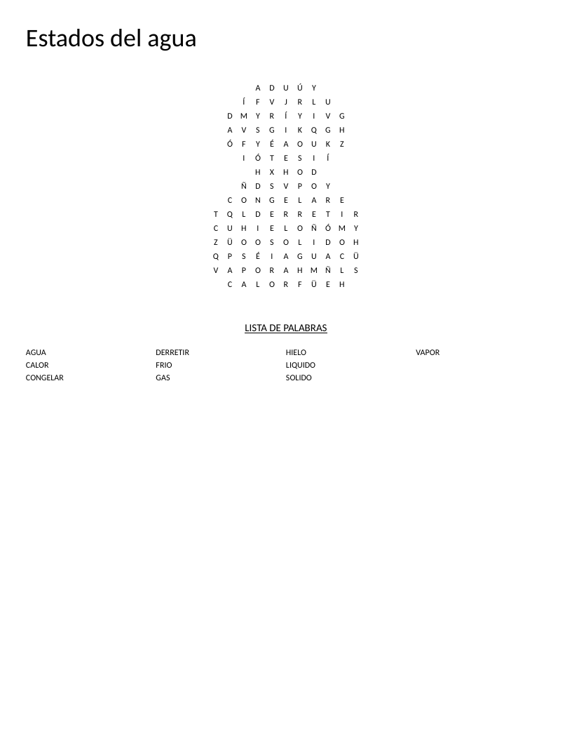 Snowman-shaped Spanish word search with water-state vocabulary including hielo and vapor.