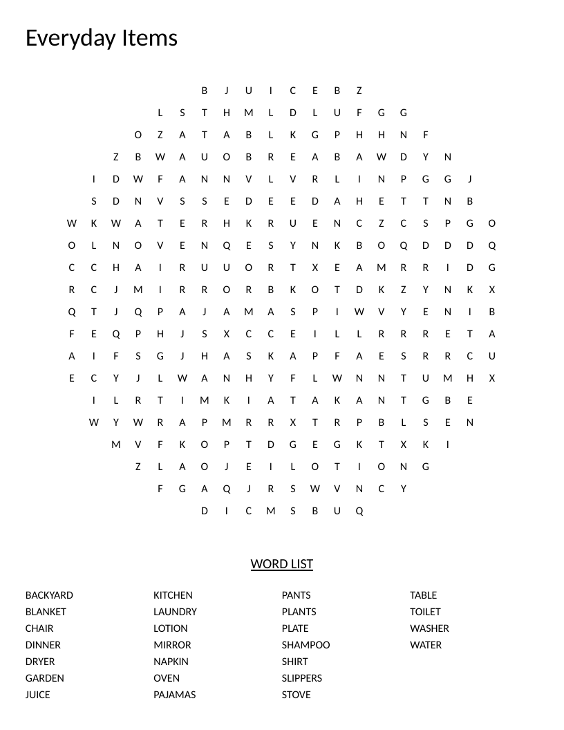 Circle-shaped everyday items word search with household vocabulary like shirt, kitchen, and plants.