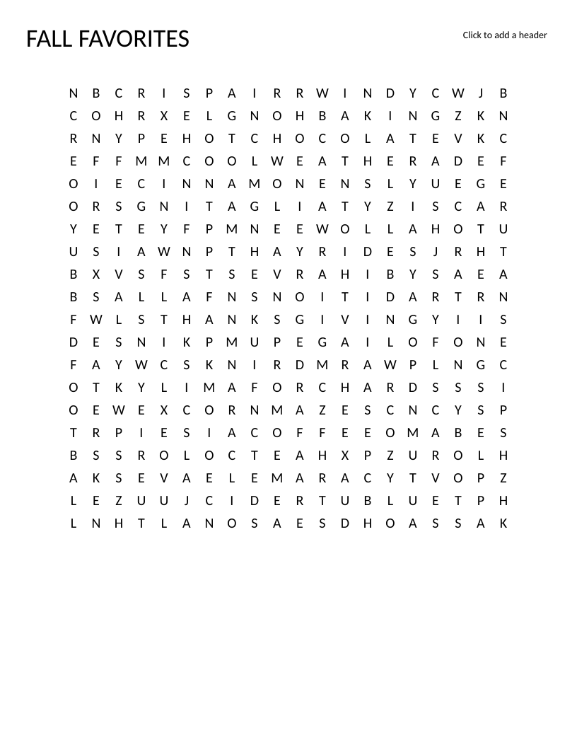 Fall word search with autumn words like pumpkins, apples, Halloween, and Thanksgiving.