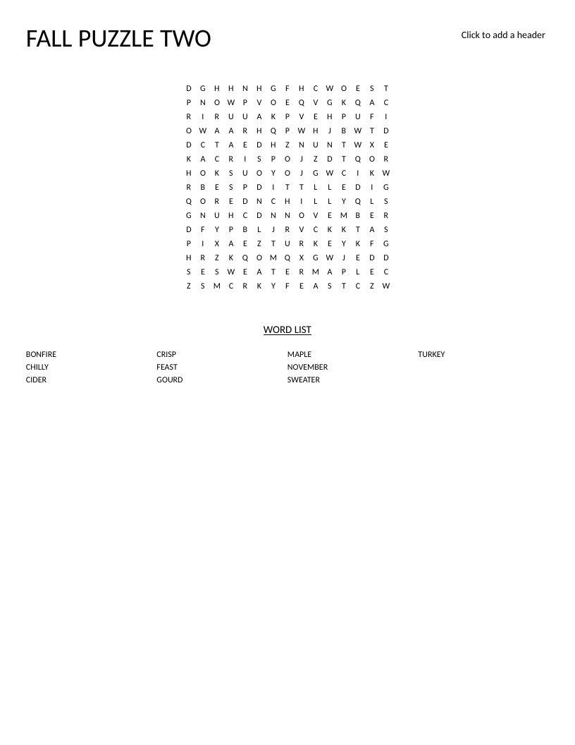 Fall word search with autumn words like bonfire, cider, and turkey.