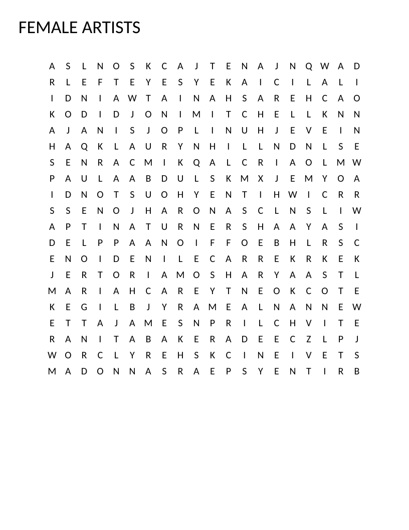 Female artists word search with names like Madonna, Whitney Houston, Beyoncé, and Aretha Franklin.