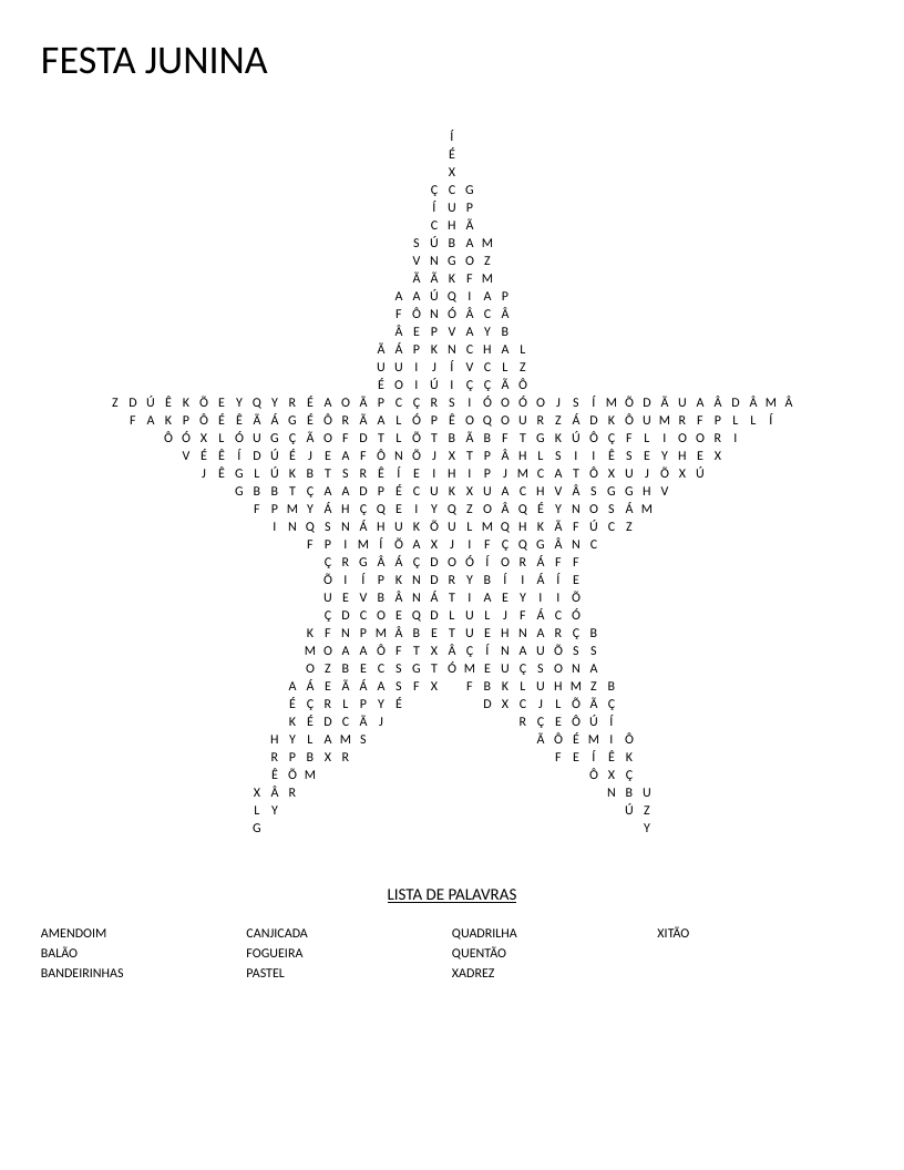 Star-shaped Festa Junina word search with Portuguese words for Brazilian festival foods and traditions.