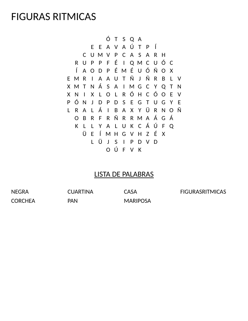 Circle-shaped Spanish music word search with rhythmic-figure words like negra and corchea.