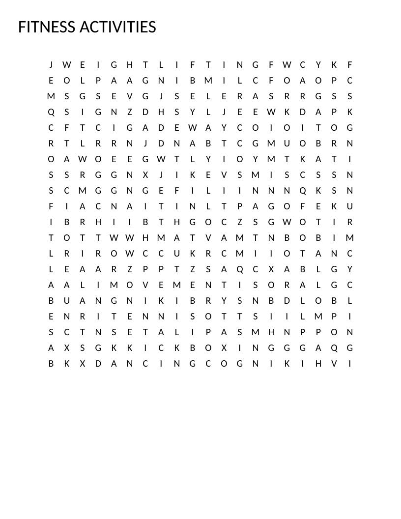 Fitness activities word search with sports and exercise words like running, swimming, and basketball.