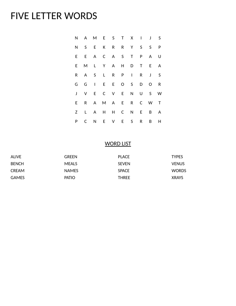 Five-letter words word search featuring bench, cream, alive, space, and green.