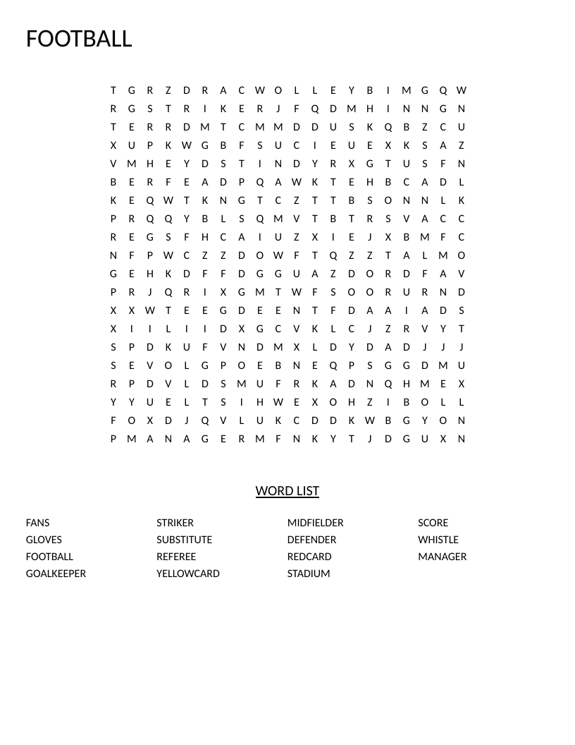 Football word search with soccer vocabulary including goalkeeper, striker, and referee.
