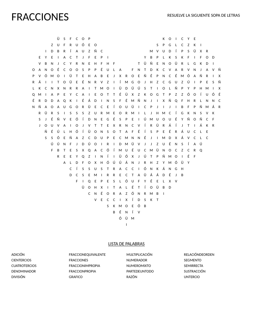 Spanish fractions word search with terms including numerador, denominador, and equivalente.